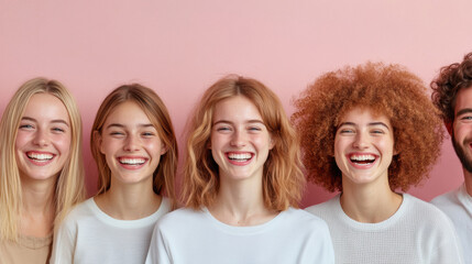 Obraz premium Group of Young Adults Smiling Happily Together Against a Pink Background in a Relaxed and Cheerful Atmosphere During a Casual Gathering