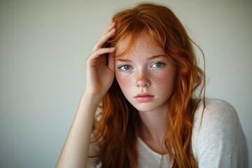Portrait of a young woman with red hair and freckles