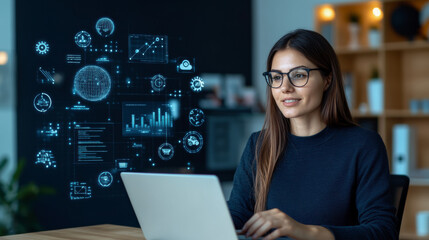 Young Woman Working on a Laptop in a Modern Office Environment While Engaging With Digital Data Visualizations in the Background