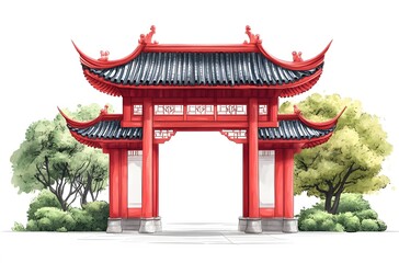 Red Chinese Archway with Lush Green Trees
