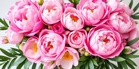 A beautiful arrangement of vibrant pink peonies and roses perfect for background design, vibrant, arrangement