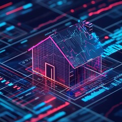 Digital financial chart with a house on top symbolizing housing market trends 