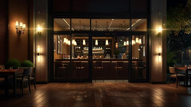 Cozy atmosphere in front of the restaurant at night. Seamless 4K looping timelapse video animation background