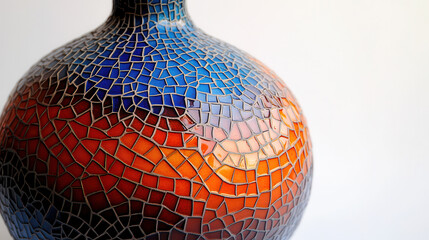 An ornate decorative vase, inspired by mosaic tiles, multicolored geometric shapes blending orange, emerald, and deep blue hues, polished ceramic surface with detailed engraving lines, artistically st