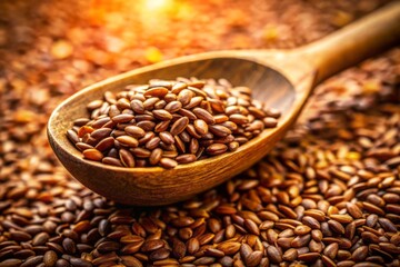 Naklejka premium Top View Macro Photography: Wooden Spoon Filled with Brown Seeds on Flaxseed Pile - Silhouette Style