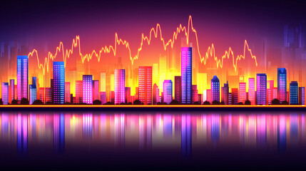 Obraz premium A vibrant city skyline at sunset, featuring colorful buildings and a dynamic graph overlay, symbolizing growth and energy.