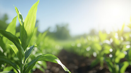 Lush green corn plants growing in sunlit field, showcasing vibrant leaves and healthy crops. scene evokes sense of abundance and agricultural vitality