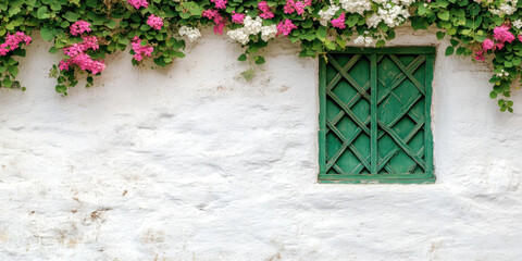 Lattice wall flower display classic white wall floral wallpaper quaint village daytime nature's beauty