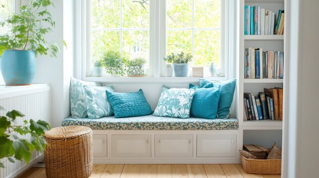 Cozy window seat with cushions, bookshelves, plants, and natural light.