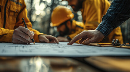 Collaborative project planning with professionals reviewing blueprints outdoors. focus is on teamwork and detailed discussions in natural setting