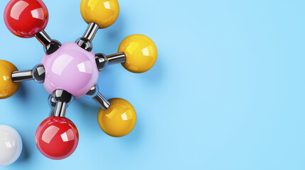 Colorful molecular model on blue background, showcasing vibrant spheres and metallic connections, representing chemical structures and scientific concepts