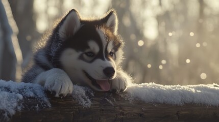 Obraz premium A playful husky puppy resting on a log covered in snow, surrounded by a winter wonderland.