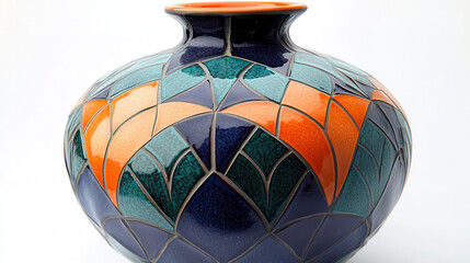 An ornate decorative vase, inspired by mosaic tiles, multicolored geometric shapes blending orange, emerald, and deep blue hues, polished ceramic surface with detailed engraving lines, artistically st
