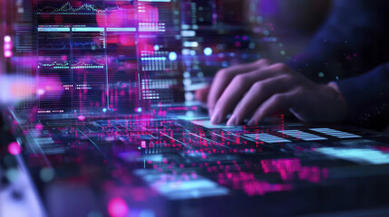 Digital data analysis with hands on keyboard, colorful graphs and charts, showcasing technology and finance in modern workspace