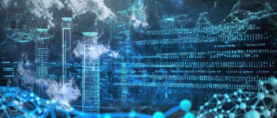 Futuristic Digital Cityscape with Glowing Towers and Data Streams