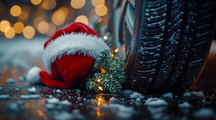 Automotive Christmas theme featuring car tire adorned with Santa hat and pine branches against bokeh lights, combining winter holiday elements with industrial detail in moody atmosphere.