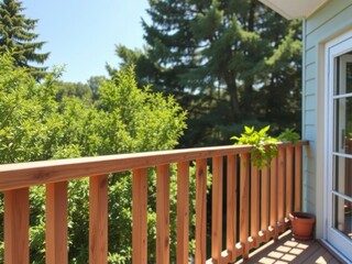 A sunny balcony with a wooden railing overlooking a peaceful garden, perfect for adding text or graphics, outdoor, balcony decor