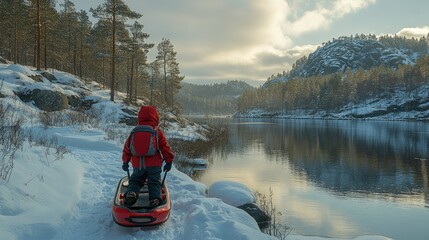 Child on sled, snowy lake scene, winter landscape.