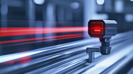 High tech surveillance camera with red laser beam in modern setting. This cutting edge device showcases advanced technology for security and monitoring purposes