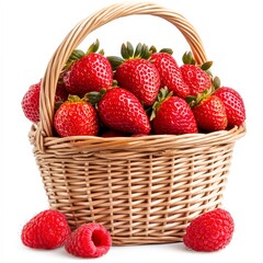 A wicker basket overflowing with fresh, ripe strawberries and a few raspberries rests on a white background, perfect for use in culinary blogs, fruit advertisements, or healthy eating promotions,
