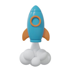 3D render illustration of blue rocket icon and white smoke representing creativity, new start-up, growth or start-up business, startup business Isolated on a transparent background.