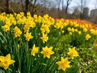 Beautiful daffodil flowers blooming in a sunlit field with lush greenery, yellow, garden, blossom