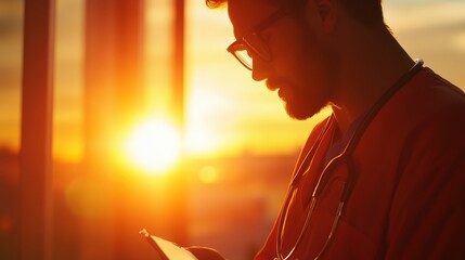 A thoughtful doctor reviews a medical report as sunlight streams through a window.