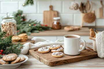 Winter kitchen with a festive hot chocolate bar, cookies, and holiday decorations creating a cozy atmosphere
