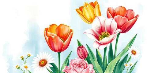 Beautiful watercolor illustration of various flowers including roses, daisies, and tulips in vibrant colors, summer, nature