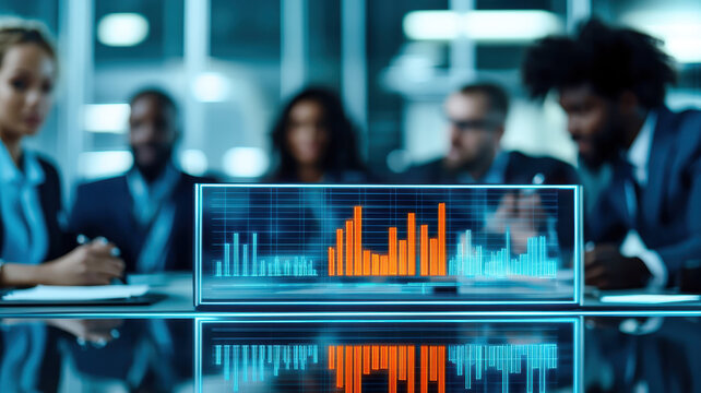 A futuristic office with a glowing 3D graph on a transparent wall, surrounded by a multicultural team strategizing business goals.