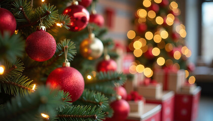 Beautifully decorated Christmas tree with ornaments and soft bokeh lights in the background
