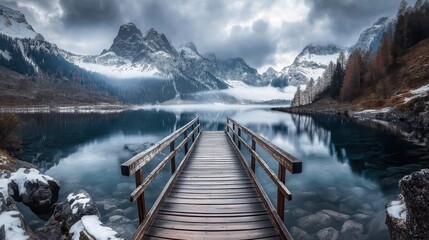 Obraz premium Wooden bridge leading to the lake, snow capped mountains in the background