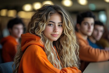 Fototapeta premium A girl with long hair is wearing a yellow hoodie and smiling