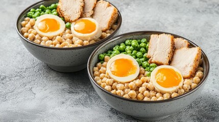 Delicious Chicken and Chickpea Bowls with Soft Boiled Eggs and Peas