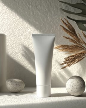 Mockup template of cosmetic tube cream 50ml on gray concrete stone background minimalist with dried flowers. Natural hard lighting and shadows