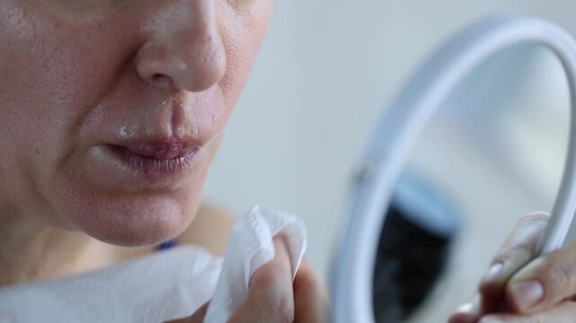 Woman in front of the mirror takes depilatory cream off from the upper lip. Closeup. 4K.