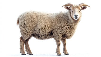 Naklejka premium Portrait of a Woolly Sheep with Curved Horns on a White Background