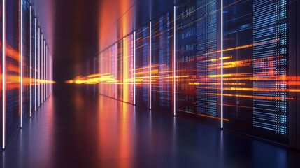 futuristic data center corridor with glowing lights and digital patterns, showcasing high performance technology and advanced infrastructure