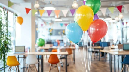 A farewell party decorated with balloons and banners celebrating the achievements of a colleague leaving for a new job