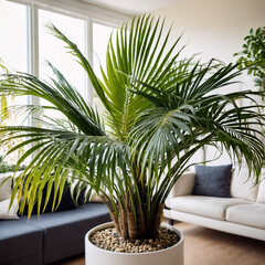 Obraz premium Zimmerpflanzen - Wohnzimmer mit exotischer Palme in der Ecke