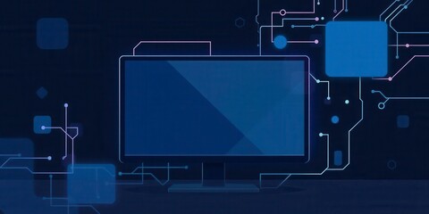 Computer screen displaying abstract geometric shapes and digital data, concept, template, technology