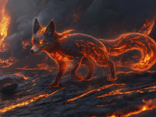 Fierce fox-dragon hybrid prowling a molten volcanic landscape with glowing ember-like scales, fiery tails, and piercing orange eyes. Intense, primal scene with fiery oranges, reds, and dark charcoals.