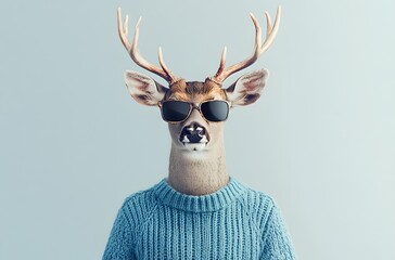A deer wearing sunglasses and a blue sweater