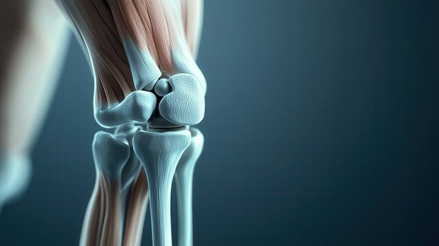 Knee anatomy posture concept. 3D illustration of a human knee joint, showcasing bones and cartilage, emphasizing anatomy and biomechanics.