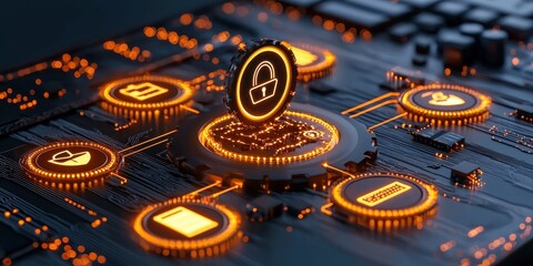 Fototapeta premium A digital circuit board featuring glowing icons representing cybersecurity, including a padlock and various security symbols.