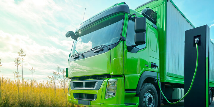 Large green commercial electric lorry being charged at an electric charging point concept