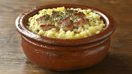 Rustic Sausage and Bean Stew in Earthenware Bowl