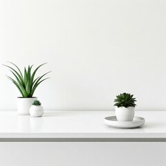 Modern luxury white kitchen tabletop with decors and copy space for montage your product display over blurred modern kitchen space in the background