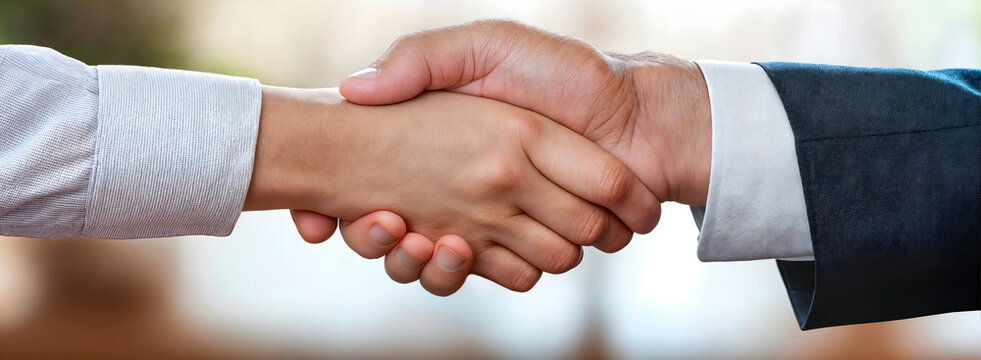 Corporate handshake between a business woman and a business man close up