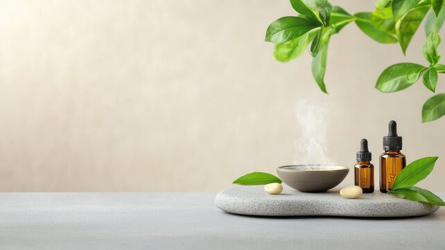 Spa retreat oils concept. Aromatic oils and leaves on a calming stone surface.